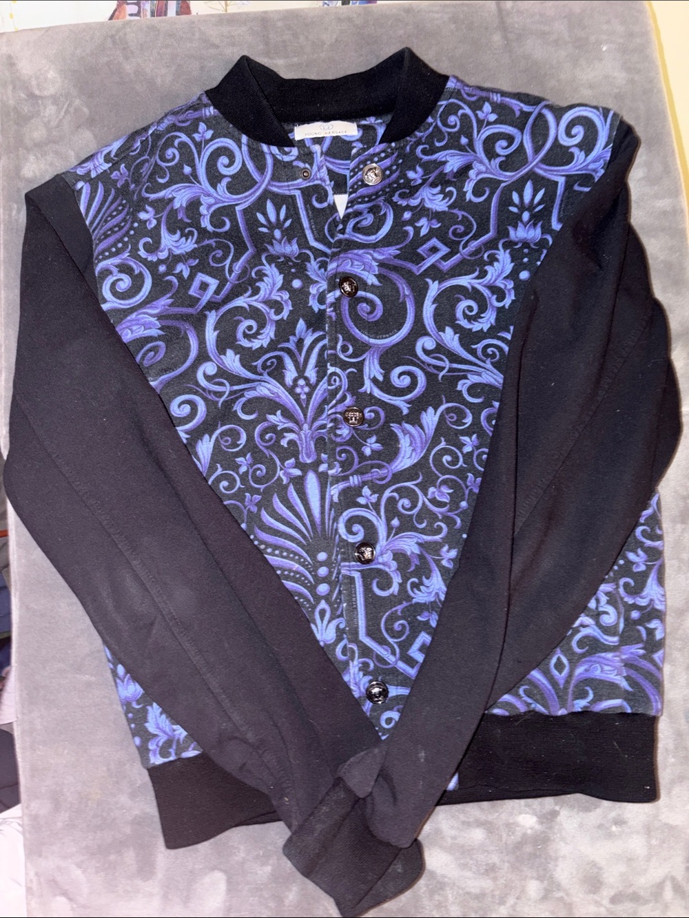 Young Versace Black Jacket with Purple Baroque Print